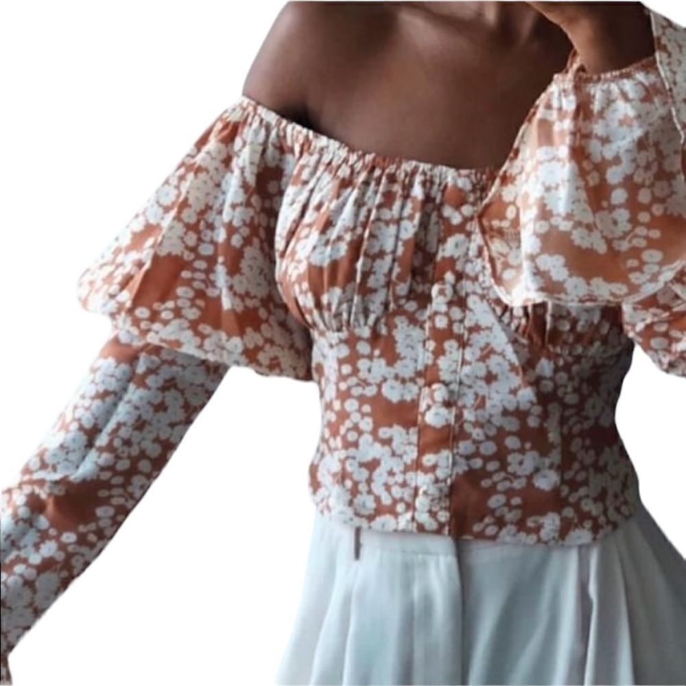 Sabo Orange Off Shoulder Cropped Bell Sleeve Blouse Size L